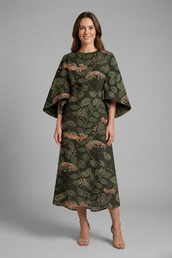 Women's Round Neck Midi Dress with Wide Sleeves – Abstract Print Relaxed Fit Casual Dress