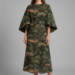 Women's Round Neck Midi Dress with Wide Sleeves – Abstract Print Relaxed Fit Casual Dress
