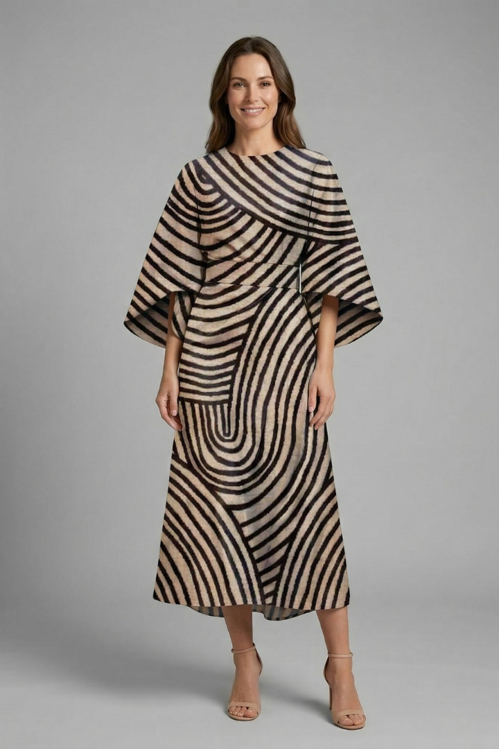 Women's Round Neck Midi Dress with Wide Sleeves – Abstract Print Relaxed Fit Casual Dress