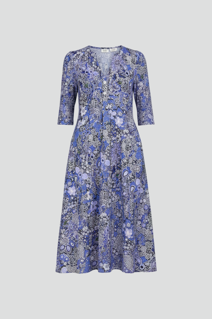 Women's Printed V-Neck Midi Dress with Three-Quarter Sleeves – Casual Spring Day Dress