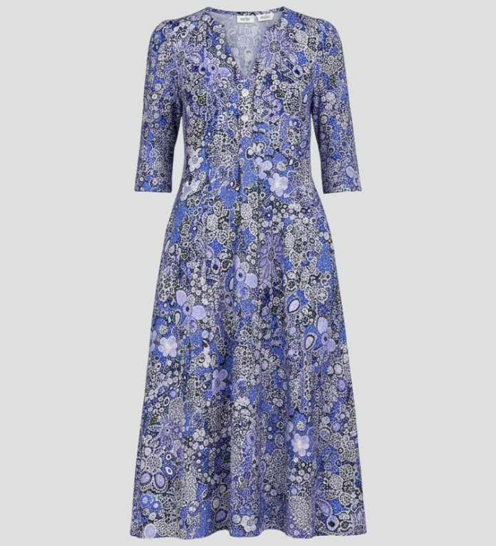 Women's Printed V-Neck Midi Dress with Three-Quarter Sleeves – Casual Spring Day Dress