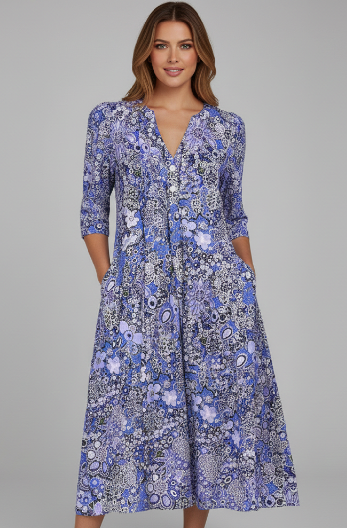 Women's Printed V-Neck Midi Dress with Three-Quarter Sleeves – Casual Spring Day Dress