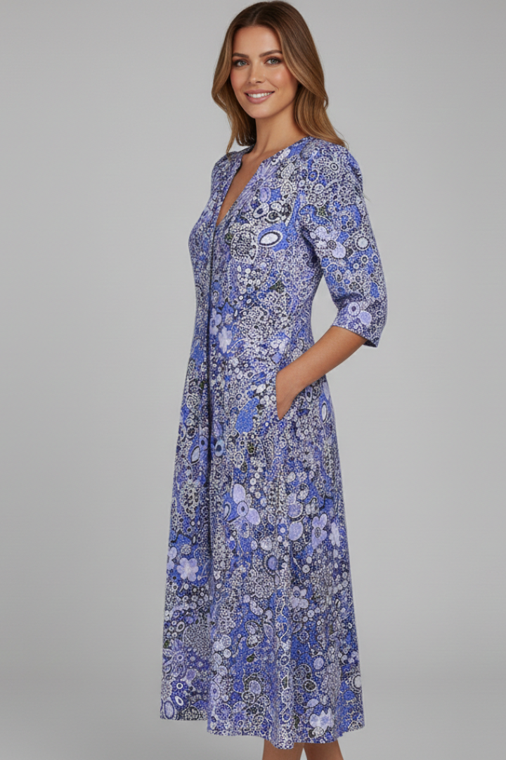 Women's Printed V-Neck Midi Dress with Three-Quarter Sleeves – Casual Spring Day Dress