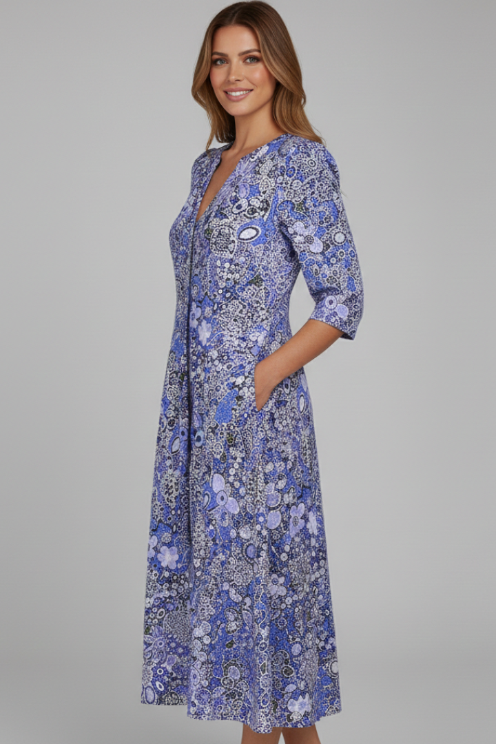 Women's Printed V-Neck Midi Dress with Three-Quarter Sleeves – Casual Spring Day Dress