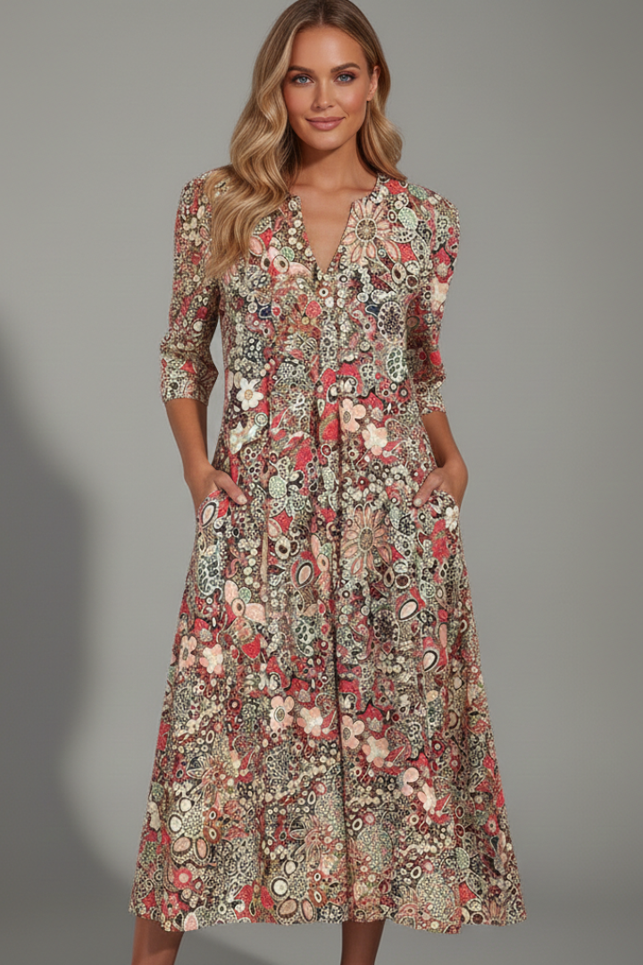 Women's Printed V-Neck Midi Dress with Three-Quarter Sleeves – Casual Spring Day Dress