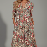 Women's Printed V-Neck Midi Dress with Three-Quarter Sleeves – Casual Spring Day Dress
