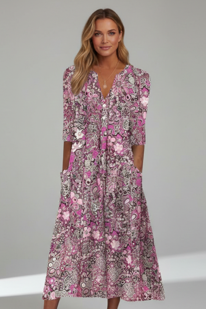 Women's Printed V-Neck Midi Dress with Three-Quarter Sleeves – Casual Spring Day Dress