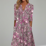 Women's Printed V-Neck Midi Dress with Three-Quarter Sleeves – Casual Spring Day Dress