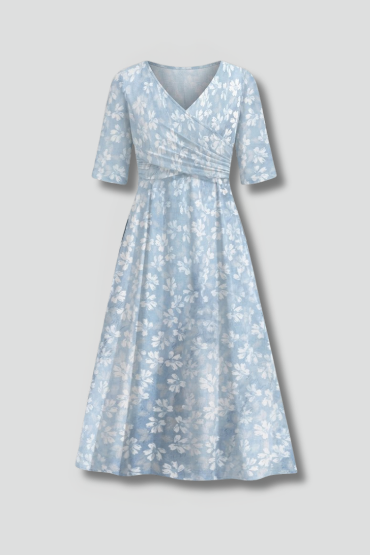 Women's V-Neck Midi Dress with Short Sleeves & Side Pockets – Relaxed Blue Everyday Dress