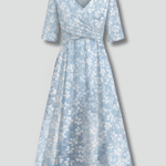 Women's V-Neck Midi Dress with Short Sleeves & Side Pockets – Relaxed Blue Everyday Dress
