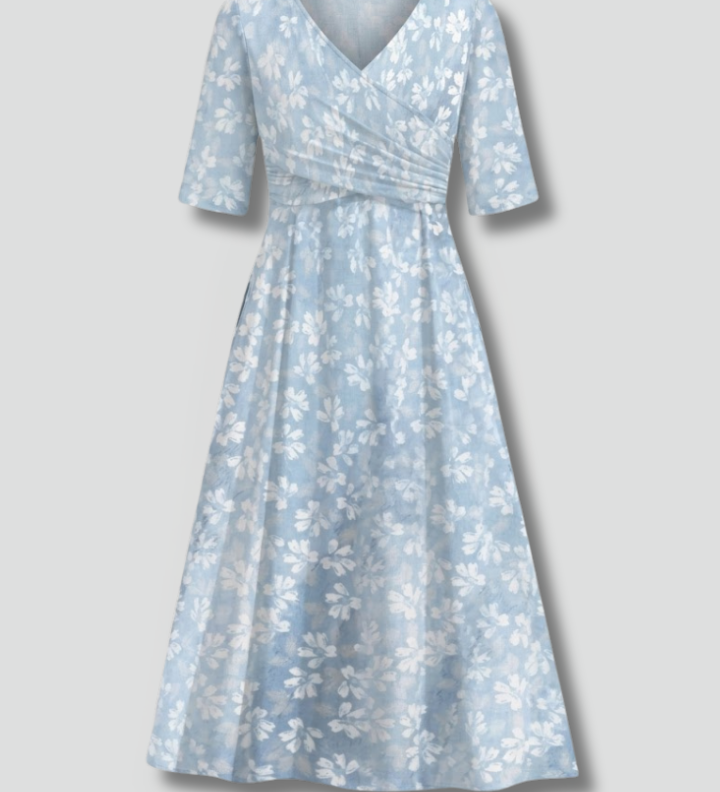 Women's V-Neck Midi Dress with Short Sleeves & Side Pockets – Relaxed Blue Everyday Dress