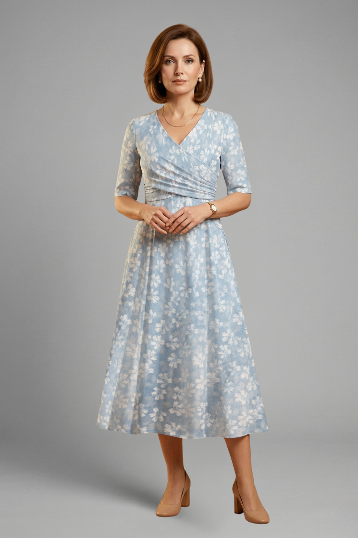 Women's V-Neck Midi Dress with Short Sleeves & Side Pockets – Relaxed Blue Everyday Dress