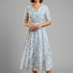 Women's V-Neck Midi Dress with Short Sleeves & Side Pockets – Relaxed Blue Everyday Dress
