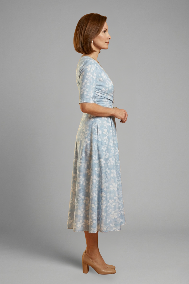 Women's V-Neck Midi Dress with Short Sleeves & Side Pockets – Relaxed Blue Everyday Dress