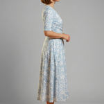Women's V-Neck Midi Dress with Short Sleeves & Side Pockets – Relaxed Blue Everyday Dress