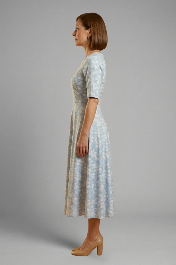 Women's V-Neck Midi Dress with Short Sleeves & Side Pockets – Relaxed Blue Everyday Dress