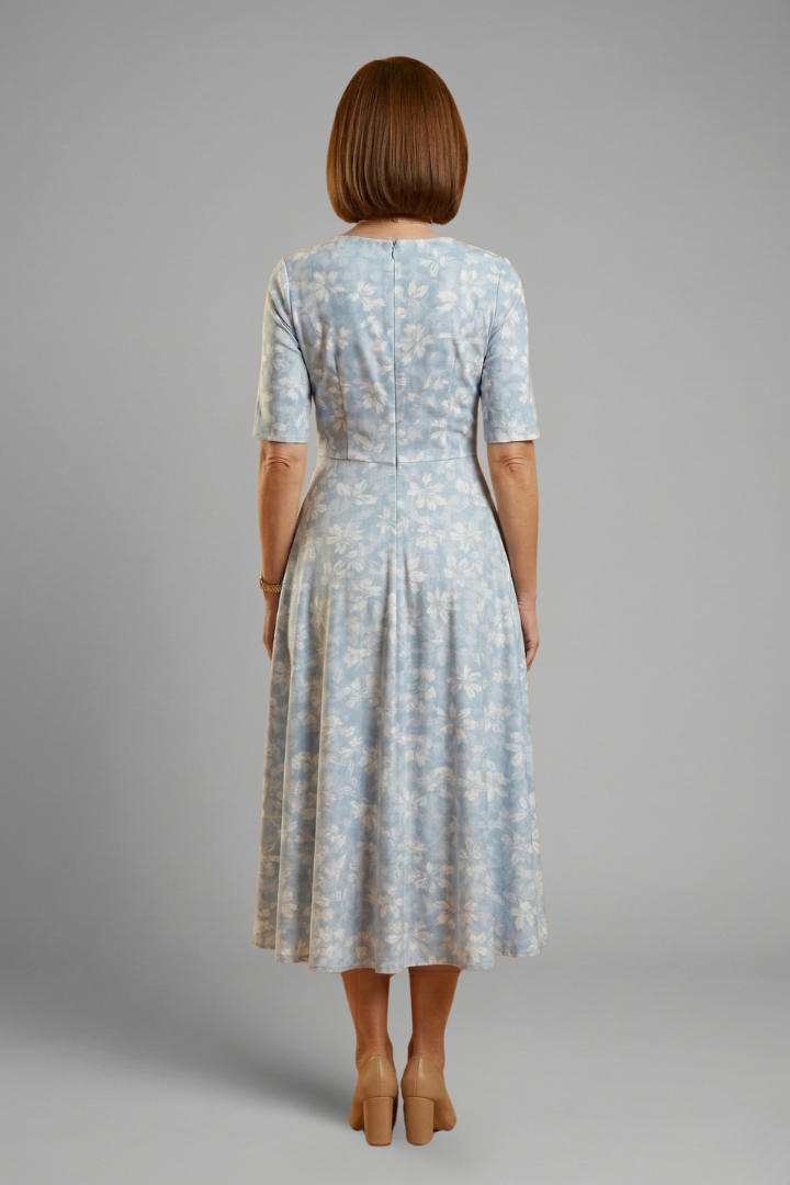 Women's V-Neck Midi Dress with Short Sleeves & Side Pockets – Relaxed Blue Everyday Dress