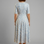 Women's V-Neck Midi Dress with Short Sleeves & Side Pockets – Relaxed Blue Everyday Dress
