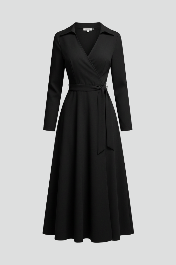 Women's V-Neck Lapel Collar Midi Dress with Long Sleeves and Tie Waist – Smart Work Dress