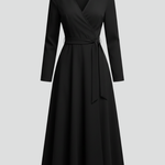 Women's V-Neck Lapel Collar Midi Dress with Long Sleeves and Tie Waist – Smart Work Dress