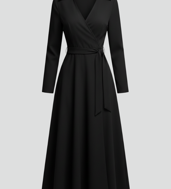Women's V-Neck Lapel Collar Midi Dress with Long Sleeves and Tie Waist – Smart Work Dress