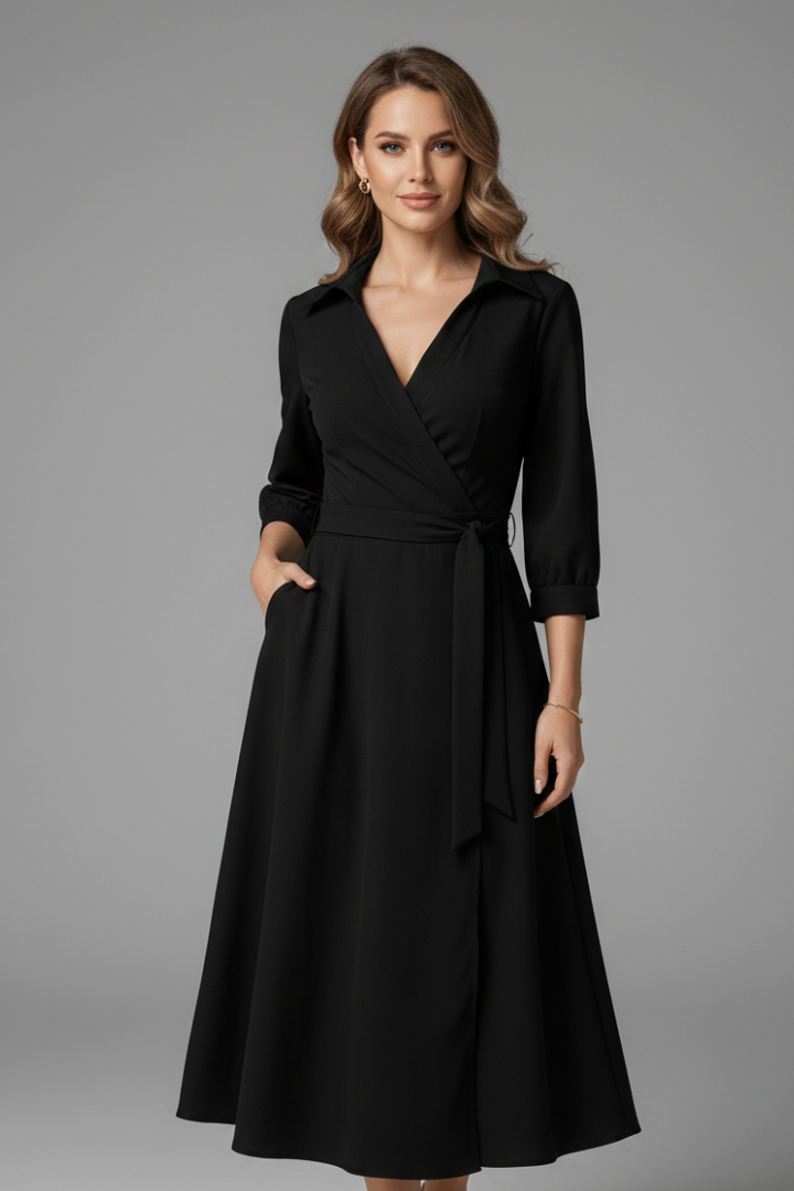 Women's V-Neck Lapel Collar Midi Dress with Long Sleeves and Tie Waist – Smart Work Dress