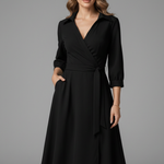 Women's V-Neck Lapel Collar Midi Dress with Long Sleeves and Tie Waist – Smart Work Dress