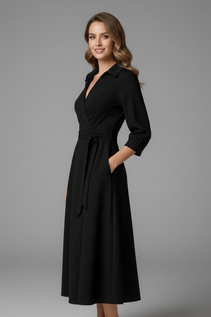 Women's V-Neck Lapel Collar Midi Dress with Long Sleeves and Tie Waist – Smart Work Dress