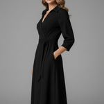 Women's V-Neck Lapel Collar Midi Dress with Long Sleeves and Tie Waist – Smart Work Dress