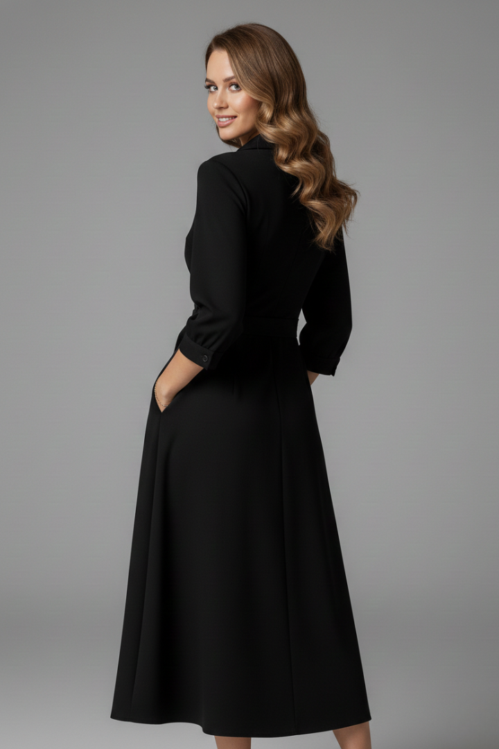 Women's V-Neck Lapel Collar Midi Dress with Long Sleeves and Tie Waist – Smart Work Dress
