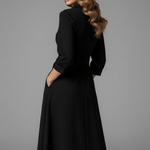 Women's V-Neck Lapel Collar Midi Dress with Long Sleeves and Tie Waist – Smart Work Dress