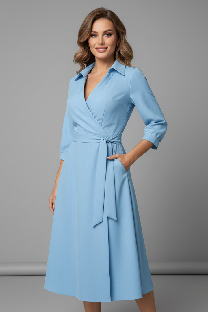 Women's V-Neck Lapel Collar Midi Dress with Long Sleeves and Tie Waist – Smart Work Dress