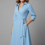 Women's V-Neck Lapel Collar Midi Dress with Long Sleeves and Tie Waist – Smart Work Dress