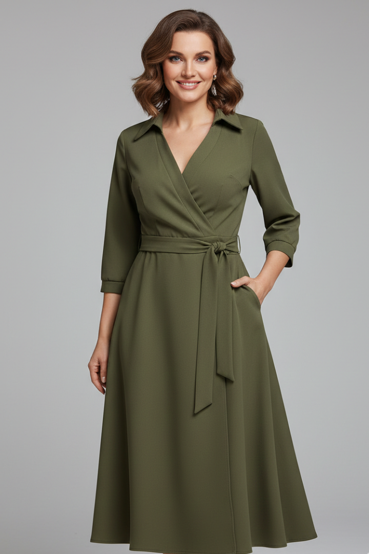 Women's V-Neck Lapel Collar Midi Dress with Long Sleeves and Tie Waist – Smart Work Dress