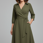 Women's V-Neck Lapel Collar Midi Dress with Long Sleeves and Tie Waist – Smart Work Dress