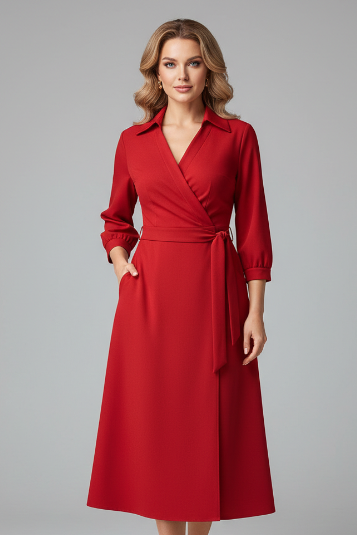 Women's V-Neck Lapel Collar Midi Dress with Long Sleeves and Tie Waist – Smart Work Dress