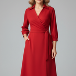 Women's V-Neck Lapel Collar Midi Dress with Long Sleeves and Tie Waist – Smart Work Dress