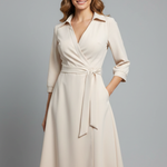 Women's V-Neck Lapel Collar Midi Dress with Long Sleeves and Tie Waist – Smart Work Dress