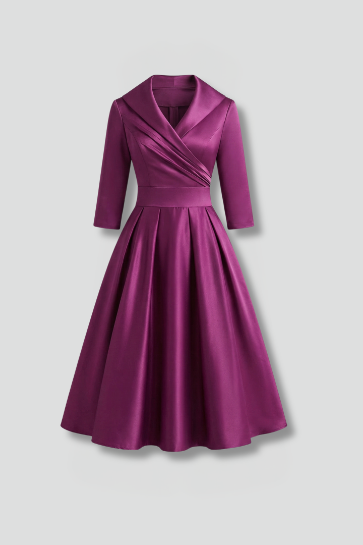 Women's Wrap V Neck Midi Dress with Pleated Waist & 3/4 Sleeves – Smart Occasion Dress