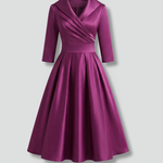 Women's Wrap V Neck Midi Dress with Pleated Waist & 3/4 Sleeves – Smart Occasion Dress