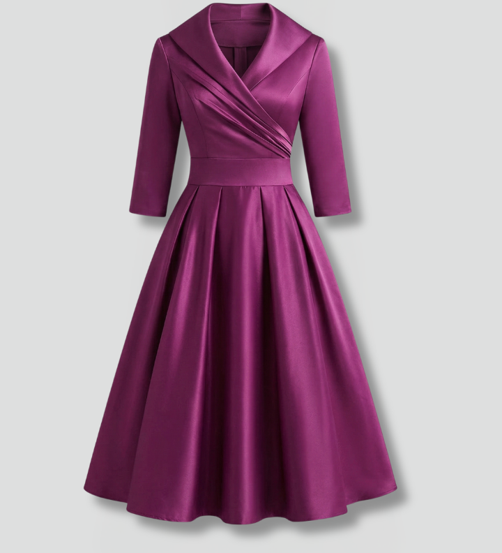 Women's Wrap V Neck Midi Dress with Pleated Waist & 3/4 Sleeves – Smart Occasion Dress