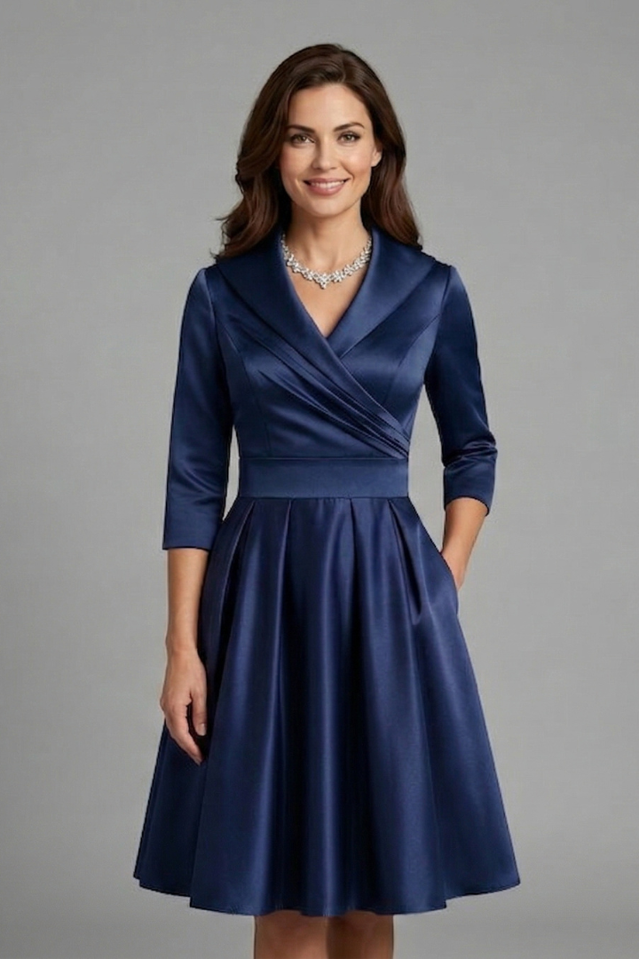 Women's Wrap V Neck Midi Dress with Pleated Waist & 3/4 Sleeves – Smart Occasion Dress