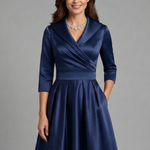 Women's Wrap V Neck Midi Dress with Pleated Waist & 3/4 Sleeves – Smart Occasion Dress