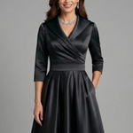 Women's Wrap V Neck Midi Dress with Pleated Waist & 3/4 Sleeves – Smart Occasion Dress