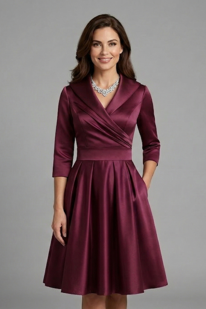 Women's Wrap V Neck Midi Dress with Pleated Waist & 3/4 Sleeves – Smart Occasion Dress
