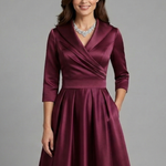 Women's Wrap V Neck Midi Dress with Pleated Waist & 3/4 Sleeves – Smart Occasion Dress