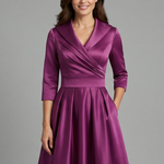 Women's Wrap V Neck Midi Dress with Pleated Waist & 3/4 Sleeves – Smart Occasion Dress