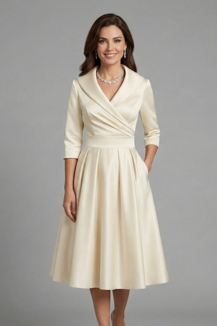Women's Wrap V Neck Midi Dress with Pleated Waist & 3/4 Sleeves – Smart Occasion Dress