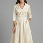 Women's Wrap V Neck Midi Dress with Pleated Waist & 3/4 Sleeves – Smart Occasion Dress