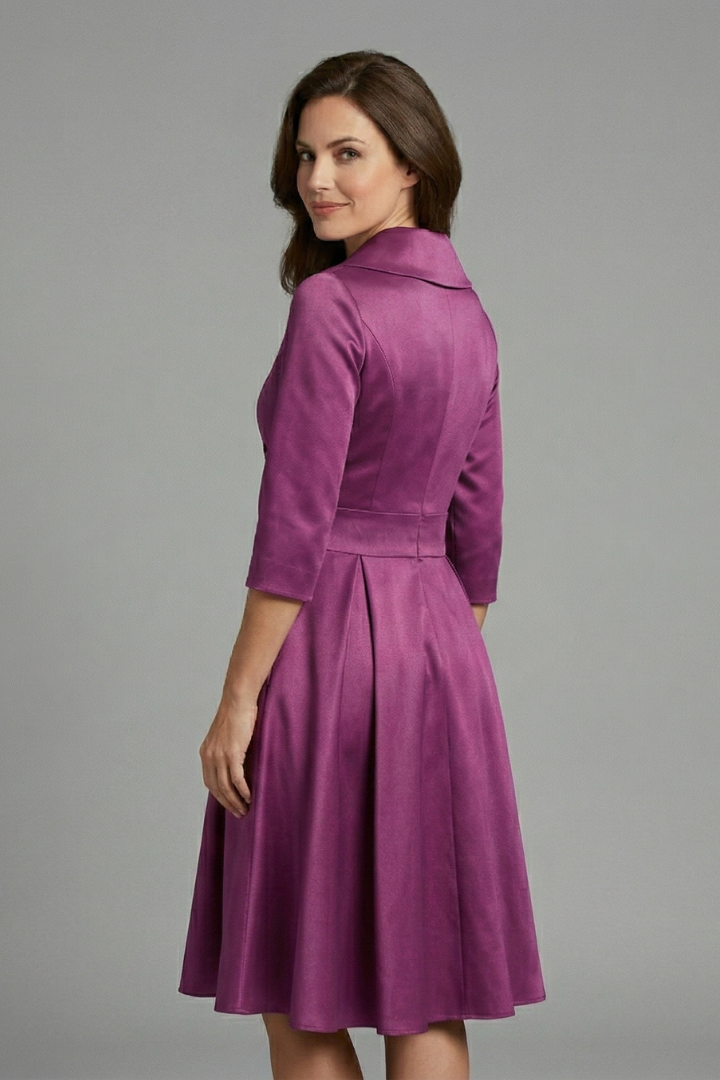Women's Wrap V Neck Midi Dress with Pleated Waist & 3/4 Sleeves – Smart Occasion Dress